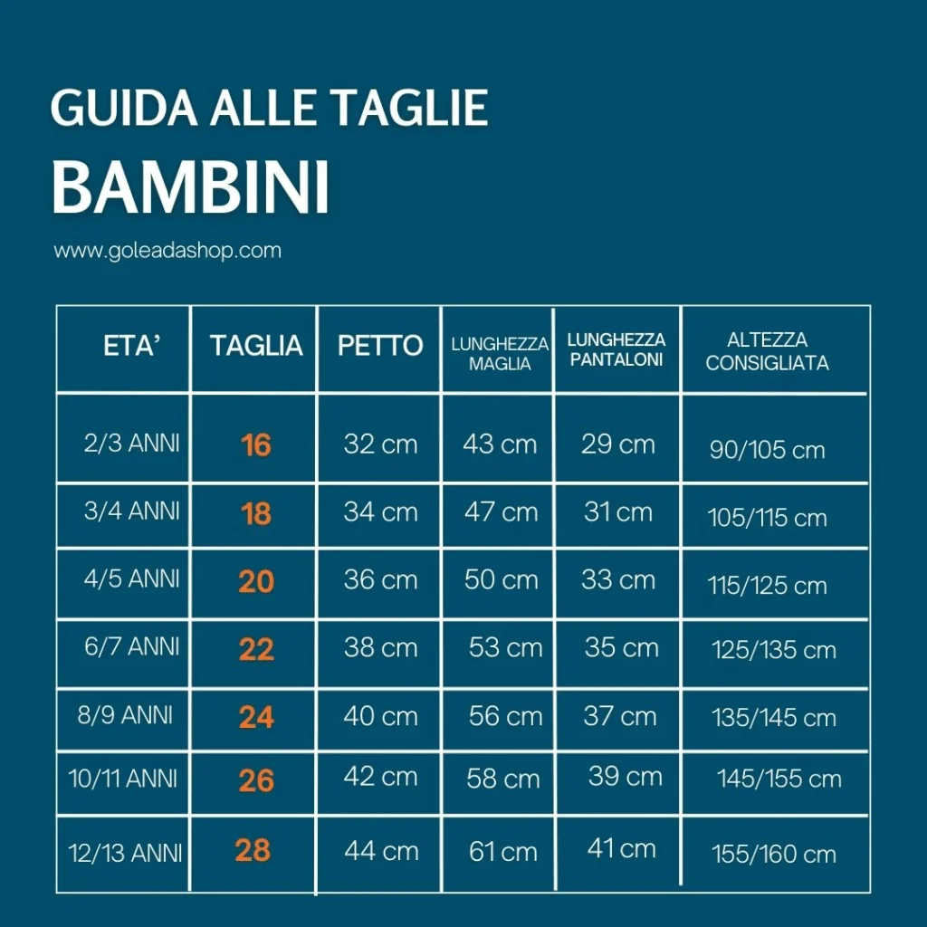 Guida alle taglie bambini goleada shop