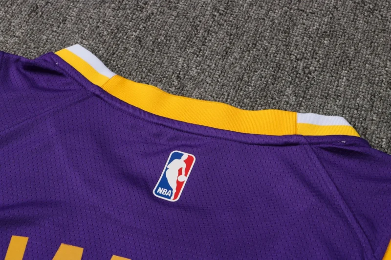 Maglia Los Angeles Lakers LeBron James NBA viola dettaglio logo NBA