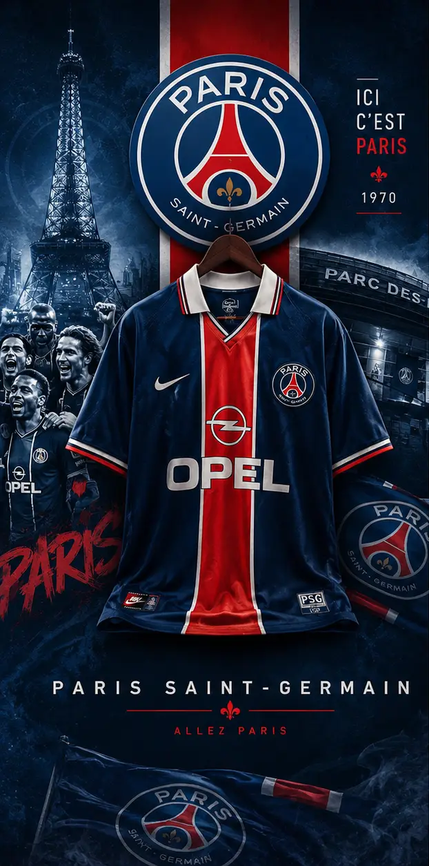 Poster maglia retro PSG stile vintage dedicato alla Finale Champions League 2026